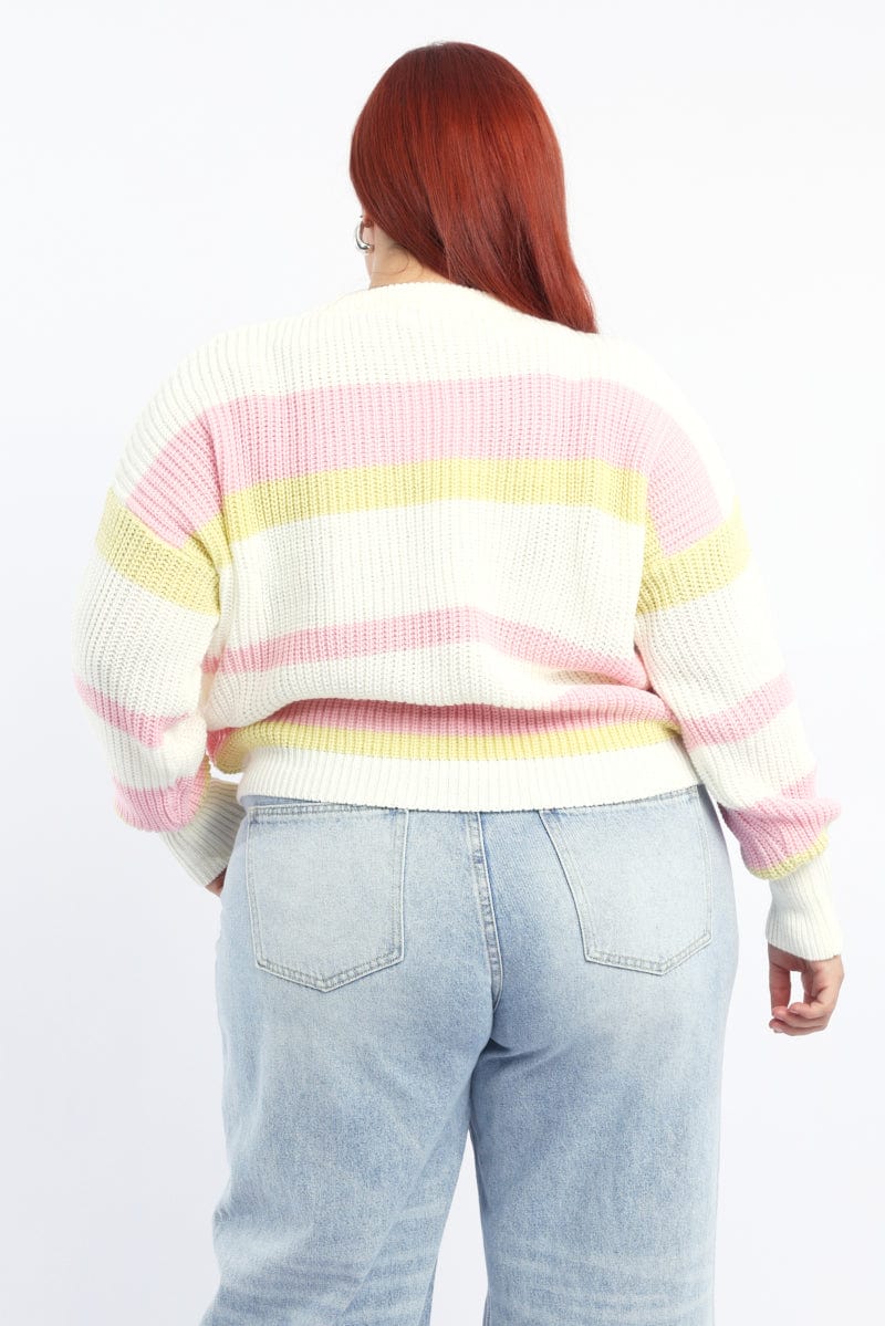 Pink Stripe Knit Jumper Long Sleeve Round Neck for YouandAll Fashion
