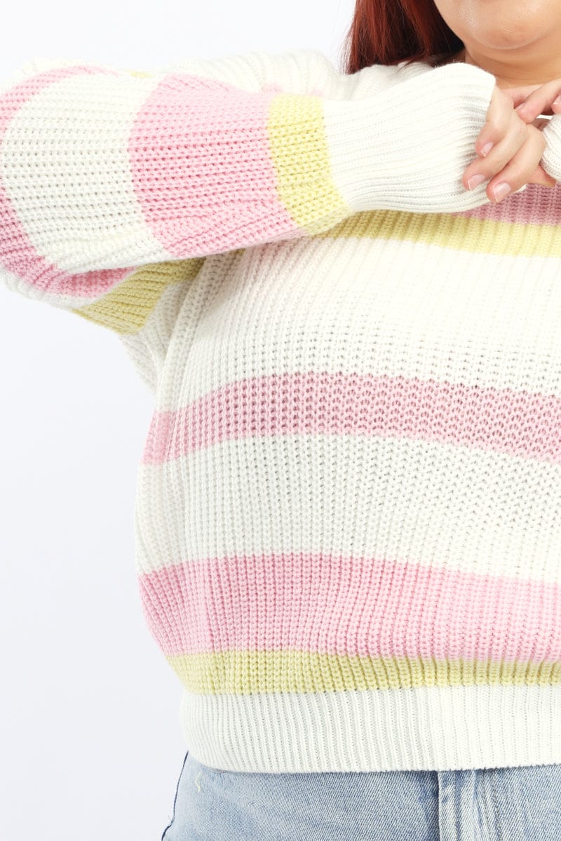 Pink Stripe Knit Jumper Long Sleeve Round Neck for YouandAll Fashion