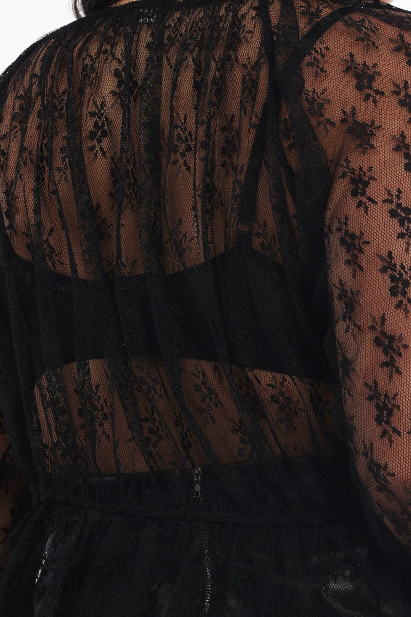 Black Lace Top Long Sleeve Tie Front for YouandAll Fashion