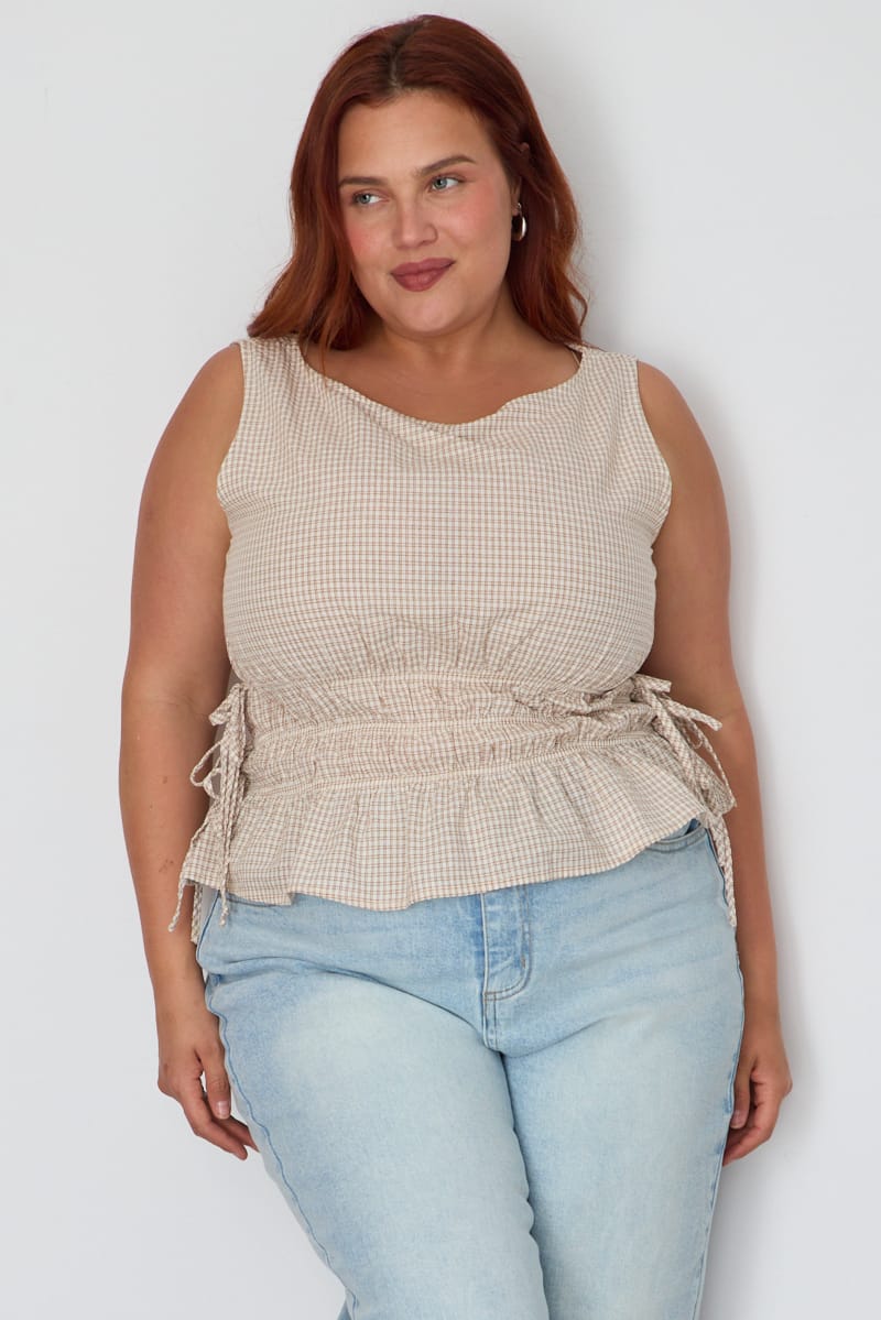 Beige Check Top Sleeveless Shirred Waist Side Tie for YouandAll Fashion