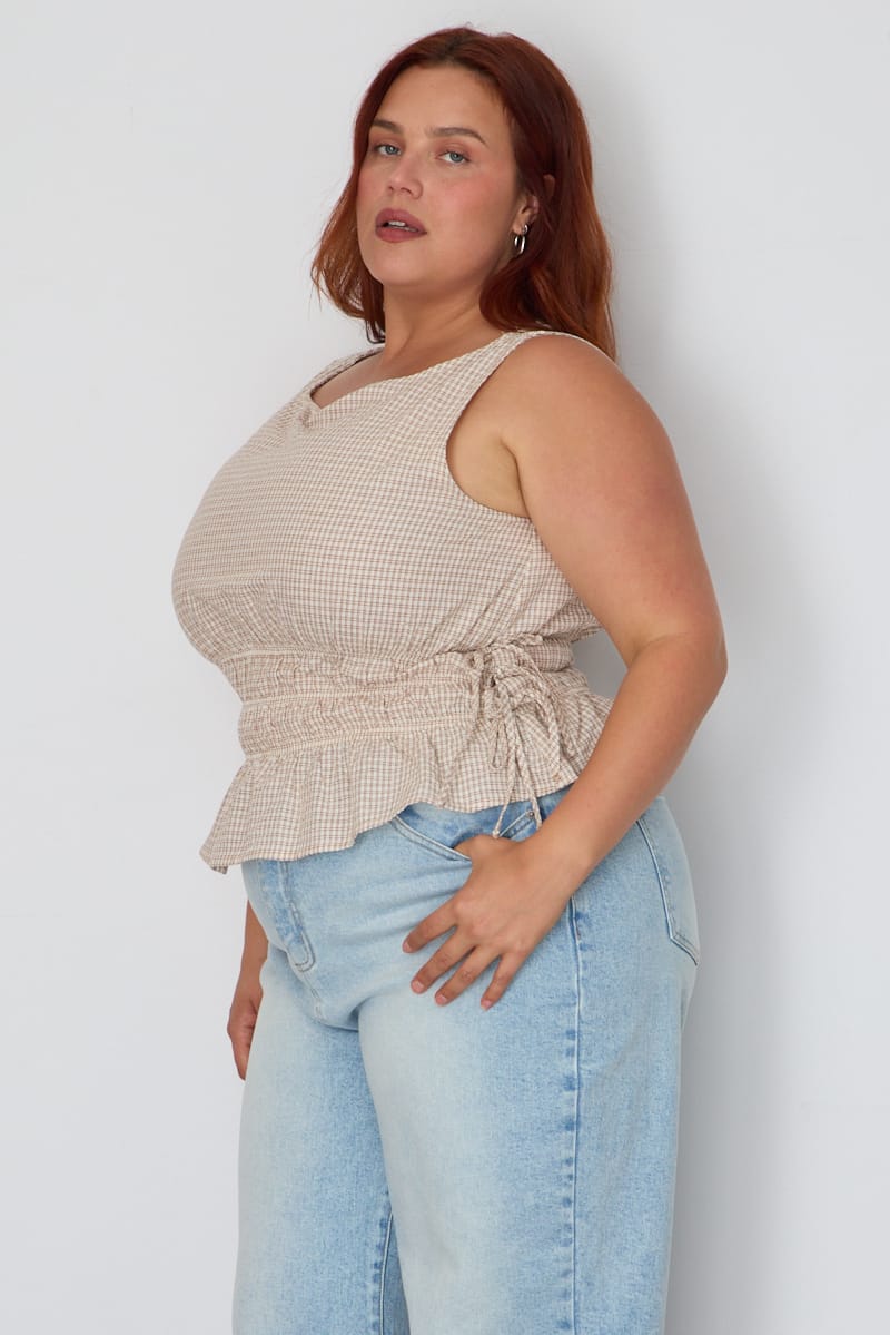 Beige Check Top Sleeveless Shirred Waist Side Tie for YouandAll Fashion