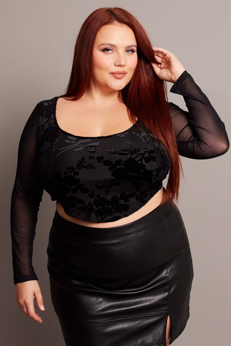 Black Crop Top Long Sleeve Mesh for YouandAll Fashion