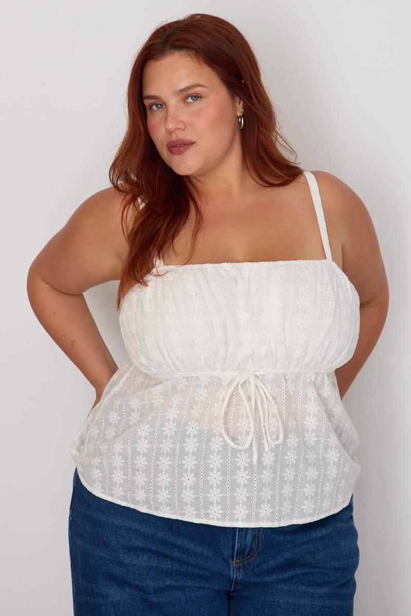White Cami Top Sleeveless Babydoll Broidery Eyelet for YouandAll Fashion