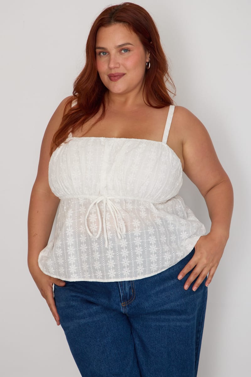 White Cami Top Sleeveless Babydoll Broidery Eyelet for YouandAll Fashion