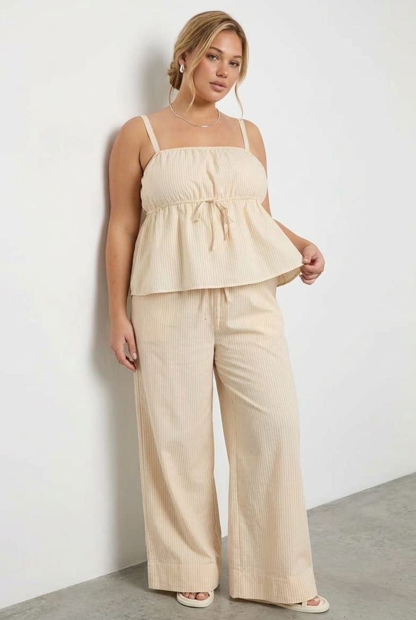 Beige Stripe Wide Leg Pants Striped Elasticated Waist