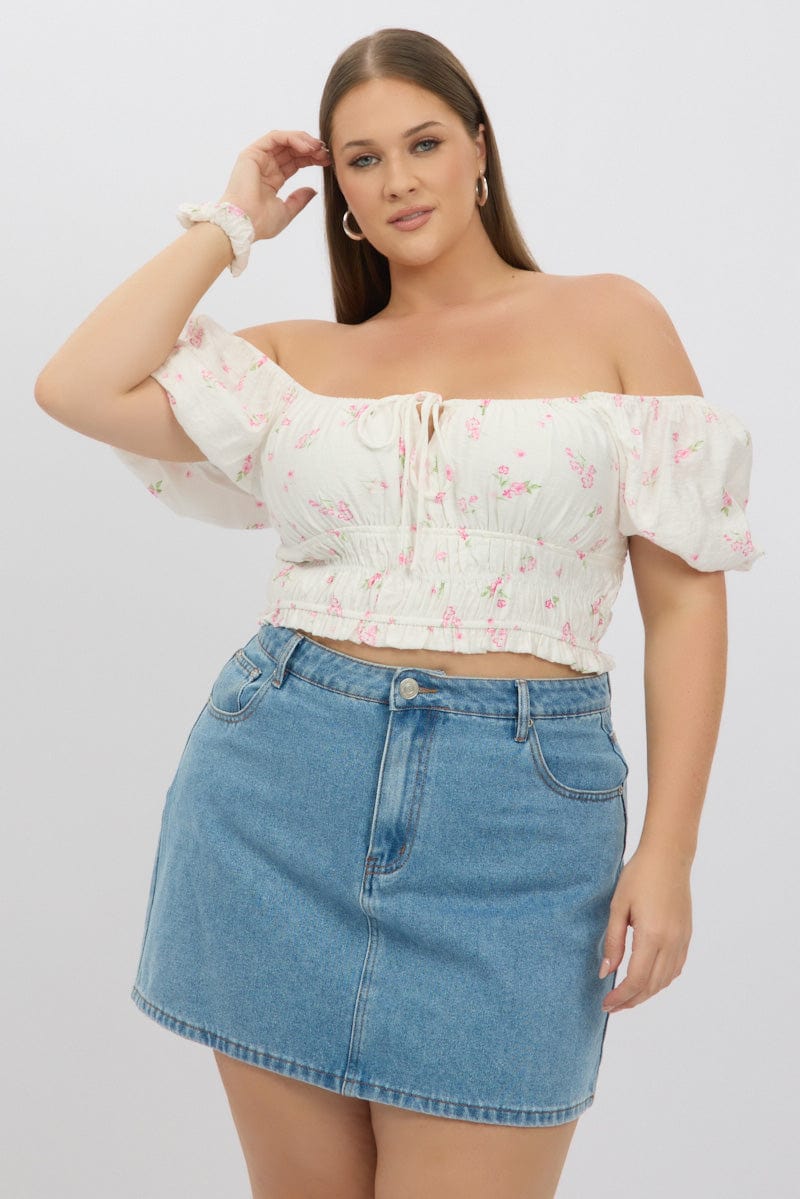 White Ditsy Crop Top Short Sleeve Shirred Waist for YouandAll Fashion