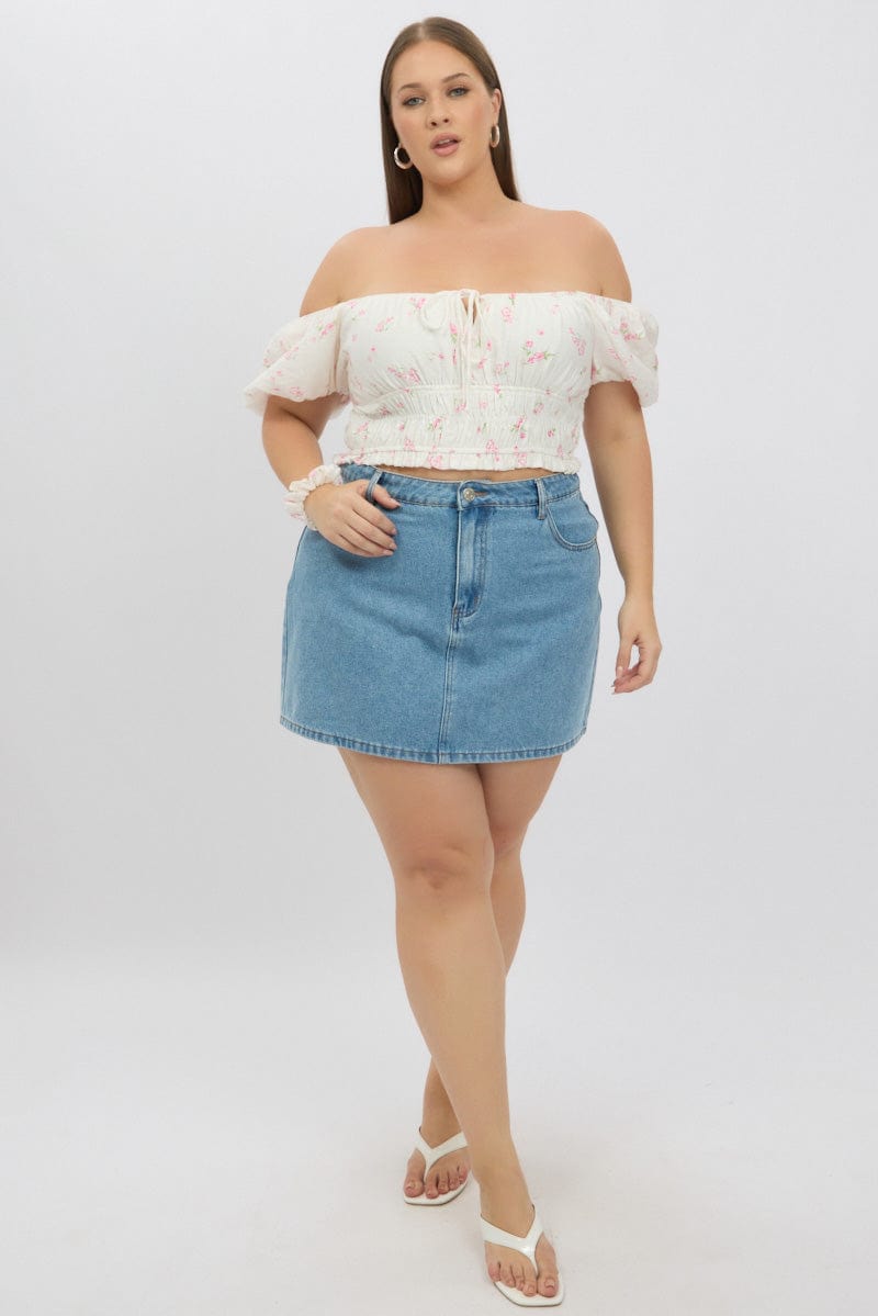 White Ditsy Crop Top Short Sleeve Shirred Waist for YouandAll Fashion