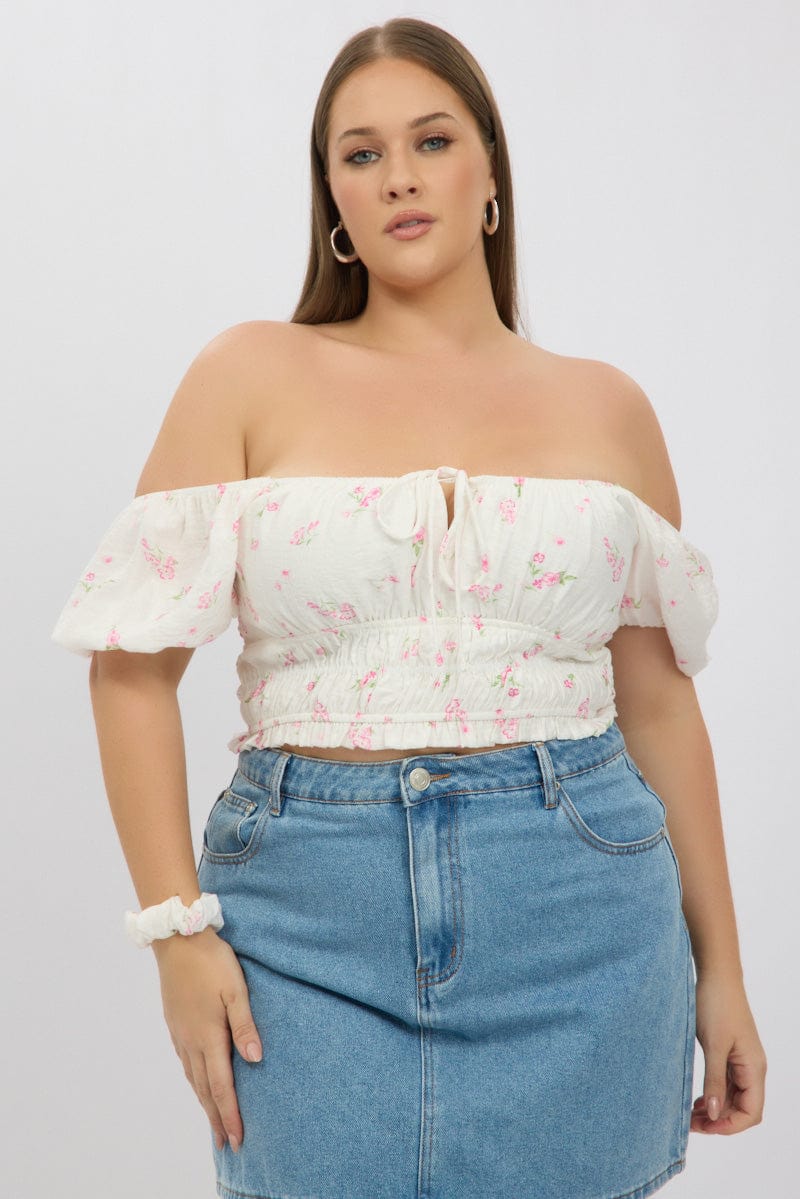 White Ditsy Crop Top Short Sleeve Shirred Waist for YouandAll Fashion