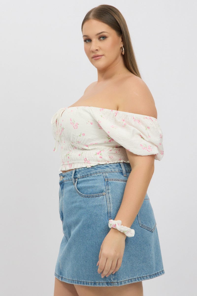 White Ditsy Crop Top Short Sleeve Shirred Waist for YouandAll Fashion