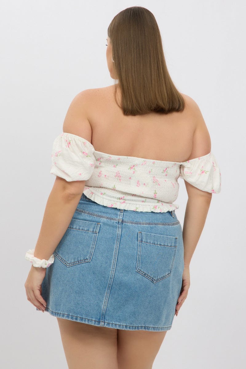 White Ditsy Crop Top Short Sleeve Shirred Waist for YouandAll Fashion