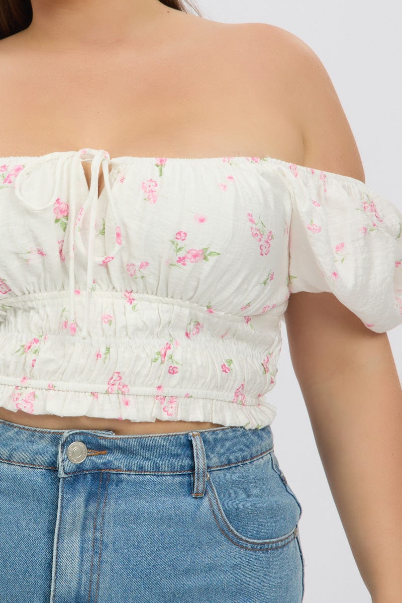 White Ditsy Crop Top Short Sleeve Shirred Waist for YouandAll Fashion