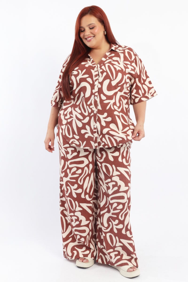 Brown Abstract Relaxed Shirt Short Sleeve Linen Blend for YouandAll Fashion