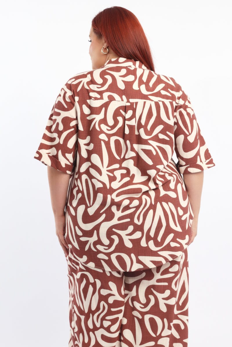 Brown Abstract Relaxed Shirt Short Sleeve Linen Blend for YouandAll Fashion