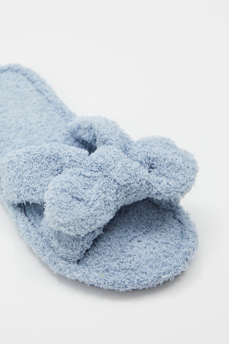 Blue Plush Fluffy Bow Detail Slippers For Women By You And All