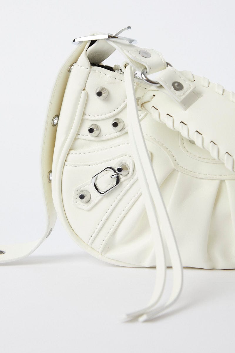 White Pleated Crescent Shoulder Bag With Stud Decor for YouandAll Fashion