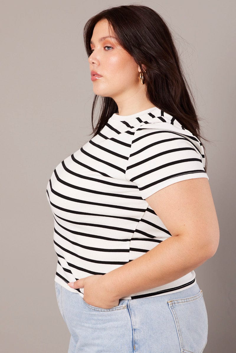 White Stripe T Shirt Short Sleeve Crew Neck for YouandAll Fashion