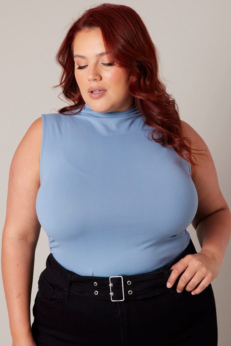 Blue Tank Top Supersoft High Neck Gathered for YouandAll Fashion