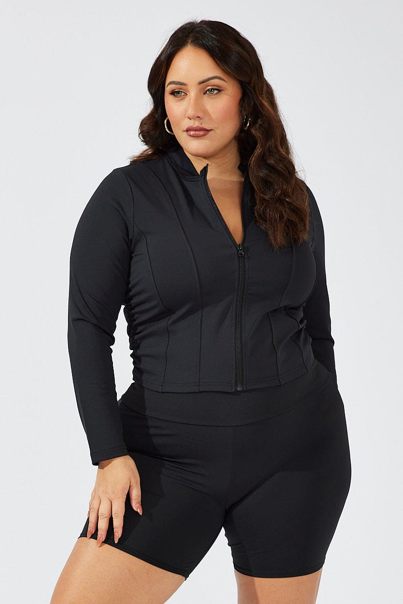 Black Zip Up Side Ruched Top for YouandAll Fashion