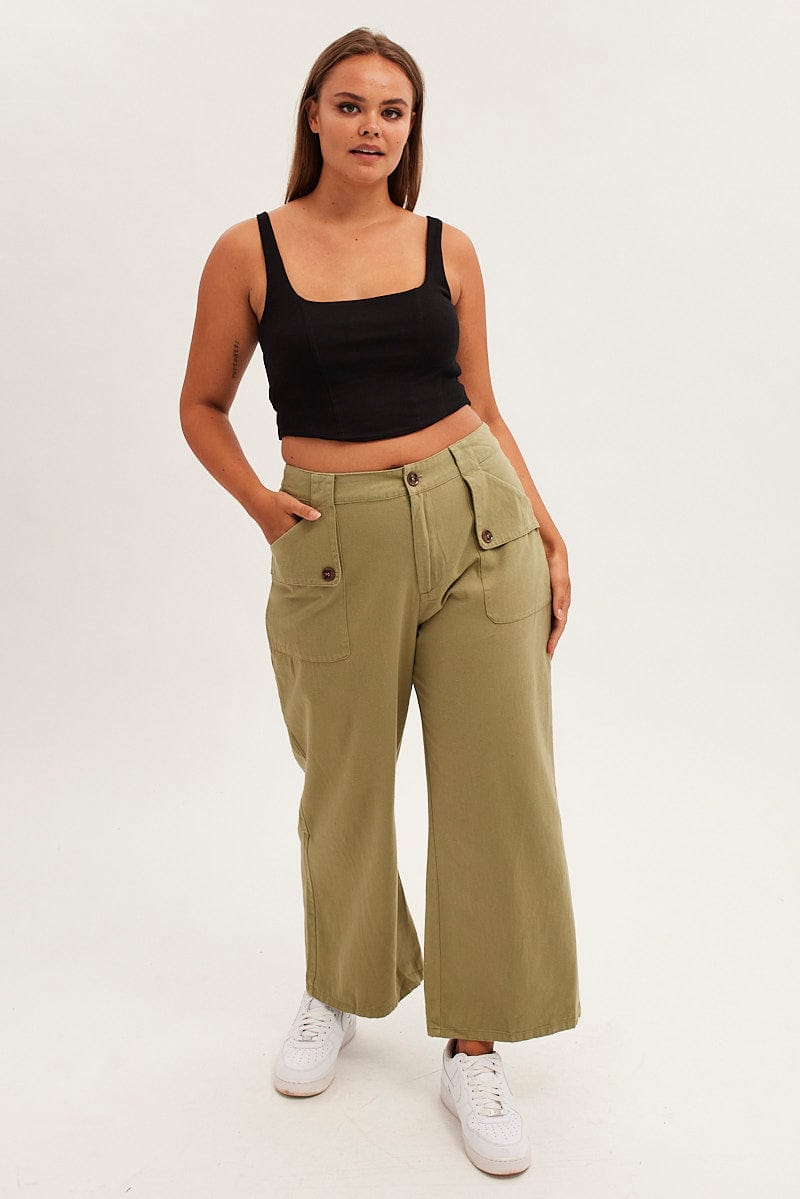 GREEN Wide Leg Pant Cargo Pocket Cotton for YouandAll Fashion