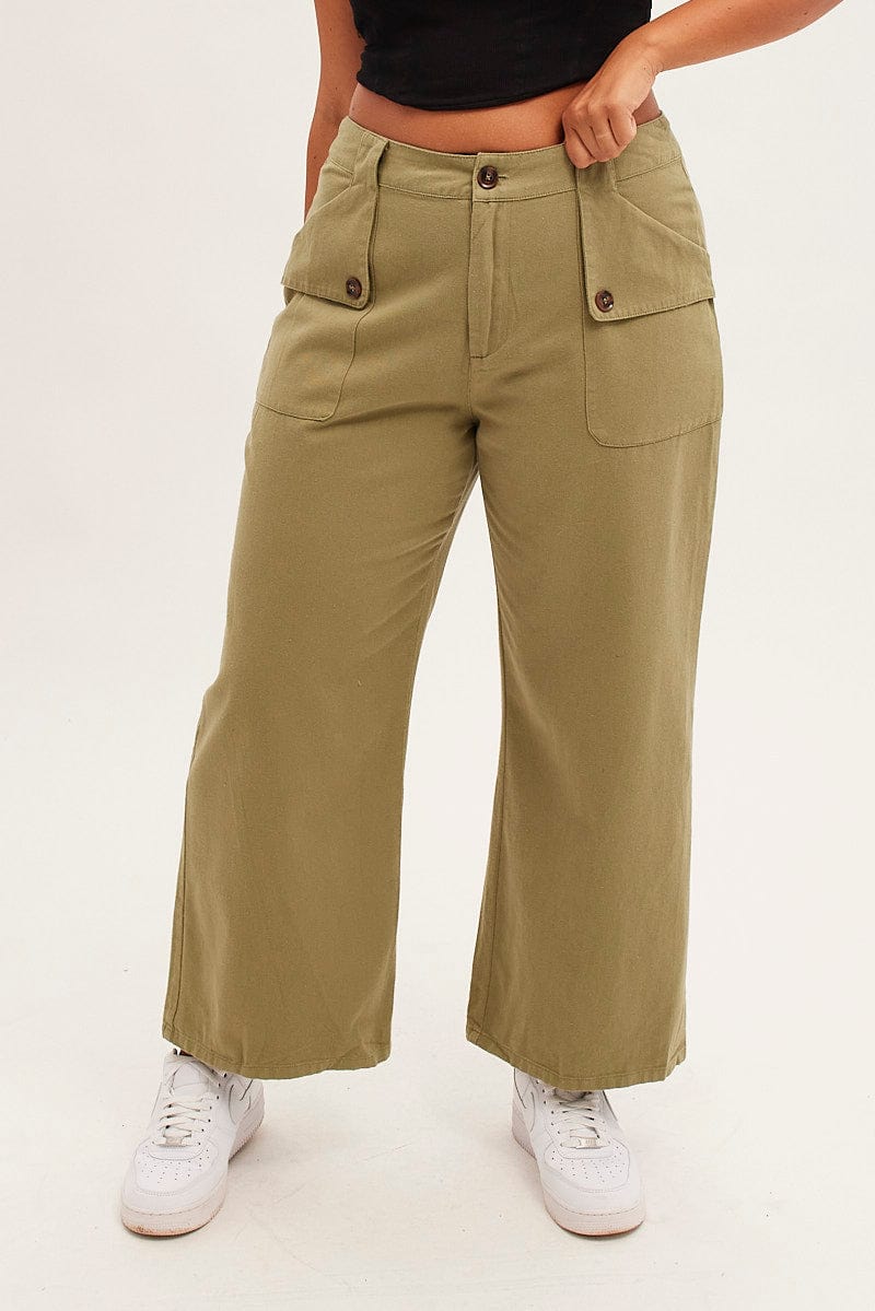 GREEN Wide Leg Pant Cargo Pocket Cotton for YouandAll Fashion