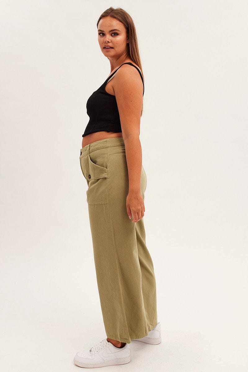 GREEN Wide Leg Pant Cargo Pocket Cotton for YouandAll Fashion