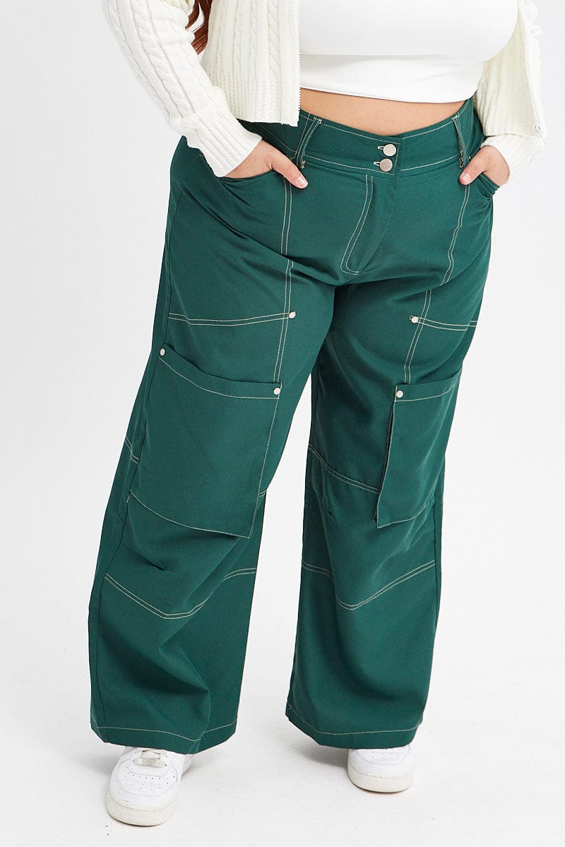 Green Cargo Pant Wide Leg Contrast Stitch for YouandAll Fashion