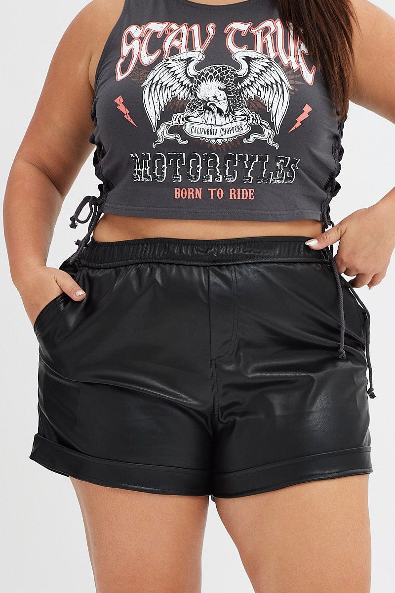 Black Faux Leather Shorts Athletic Waist for YouandAll Fashion