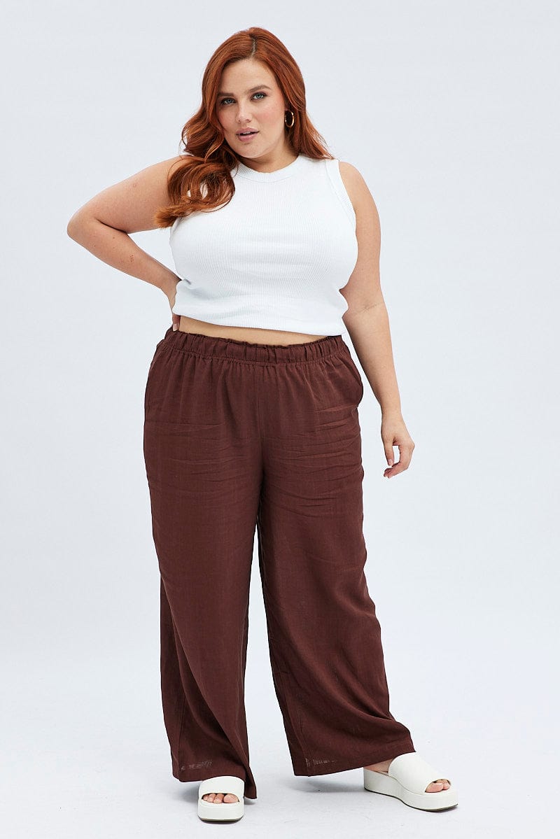 Brown Wide Leg Pants Elastic Waist for YouandAll Fashion
