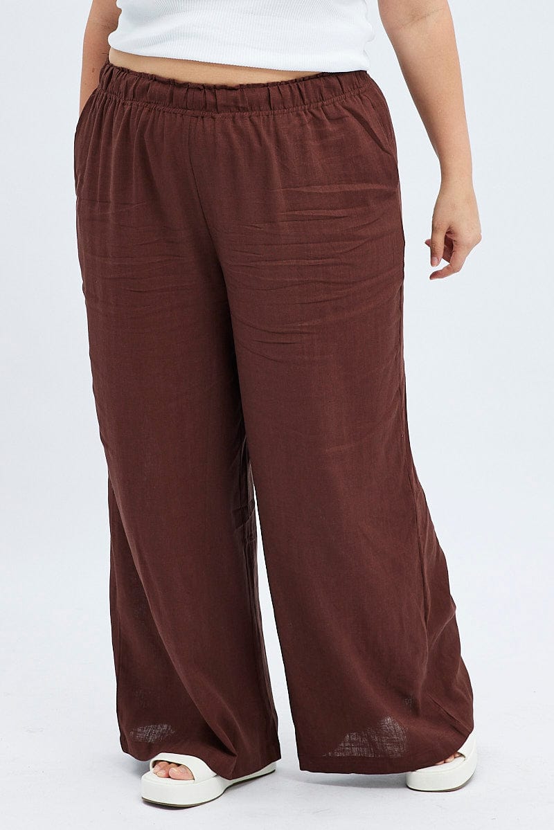 Brown Wide Leg Pants Elastic Waist for YouandAll Fashion