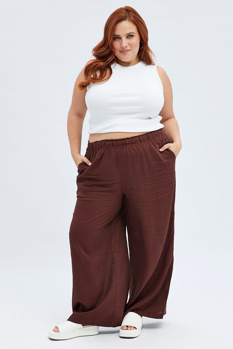 Brown Wide Leg Pants Elastic Waist for YouandAll Fashion