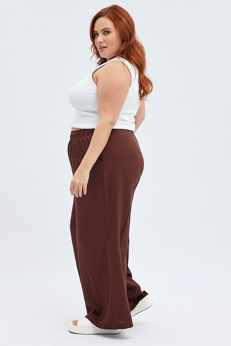 Brown Wide Leg Pants Elastic Waist for YouandAll Fashion