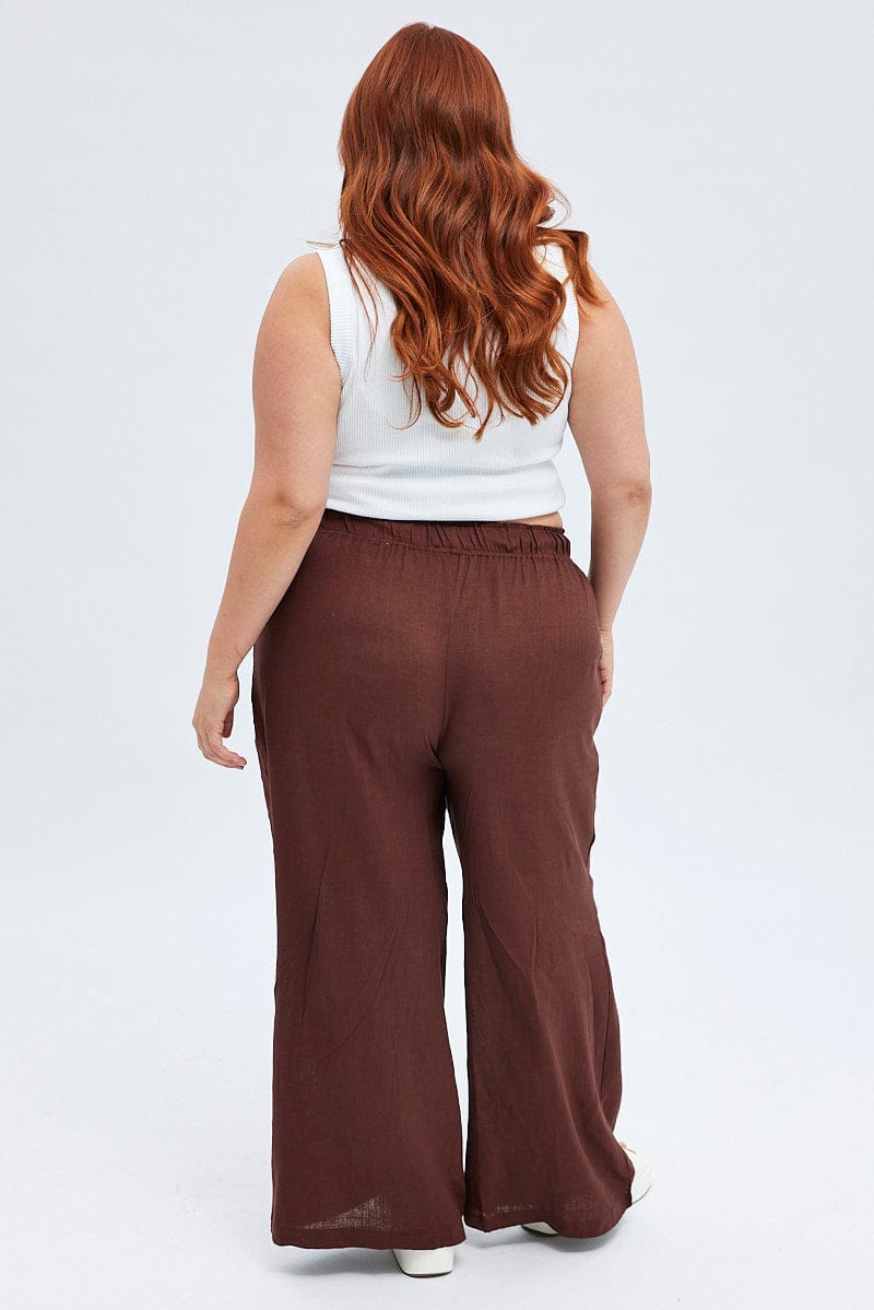 Brown Wide Leg Pants Elastic Waist for YouandAll Fashion