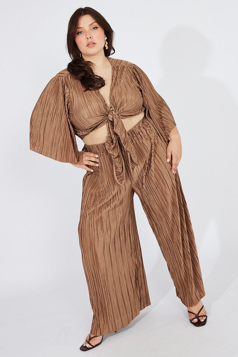 Brown Plisse Pants Wide Leg High Rise for YouandAll Fashion