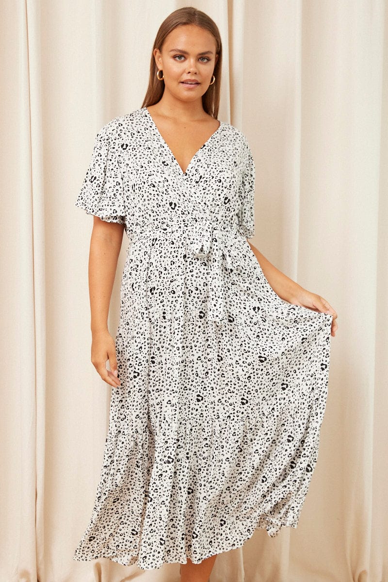 White Animal Print Maxi Dress Short Sleeve Wrap Front Tiered for YouandAll Fashion