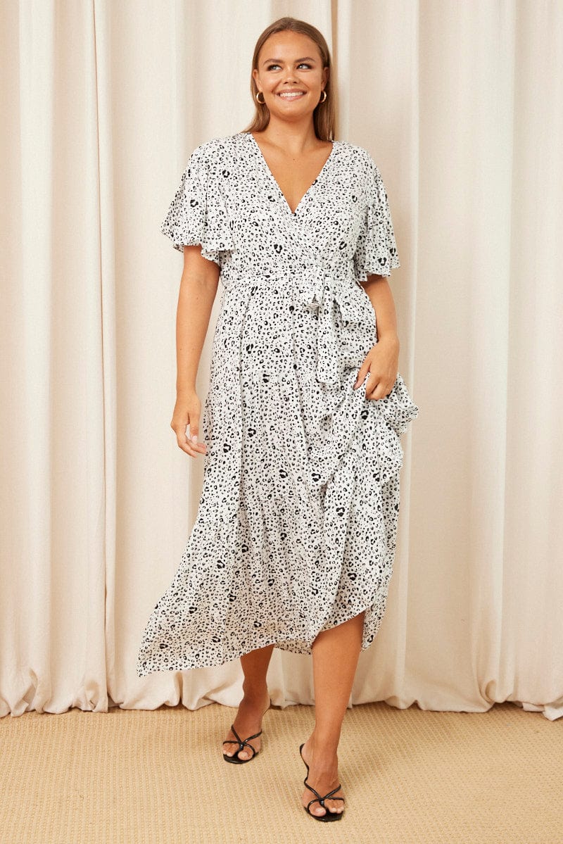 White Animal Print Maxi Dress Short Sleeve Wrap Front Tiered for YouandAll Fashion