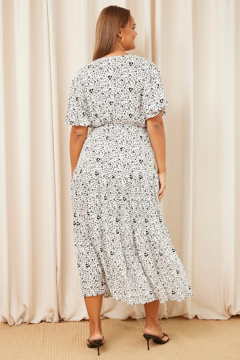 White Animal Print Maxi Dress Short Sleeve Wrap Front Tiered for YouandAll Fashion