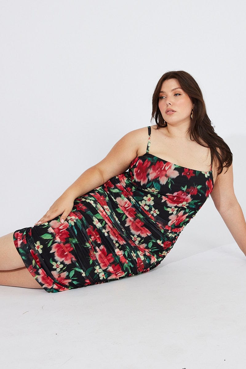 Black Floral Mesh Dress Sleeveless Ruched for YouandAll Fashion