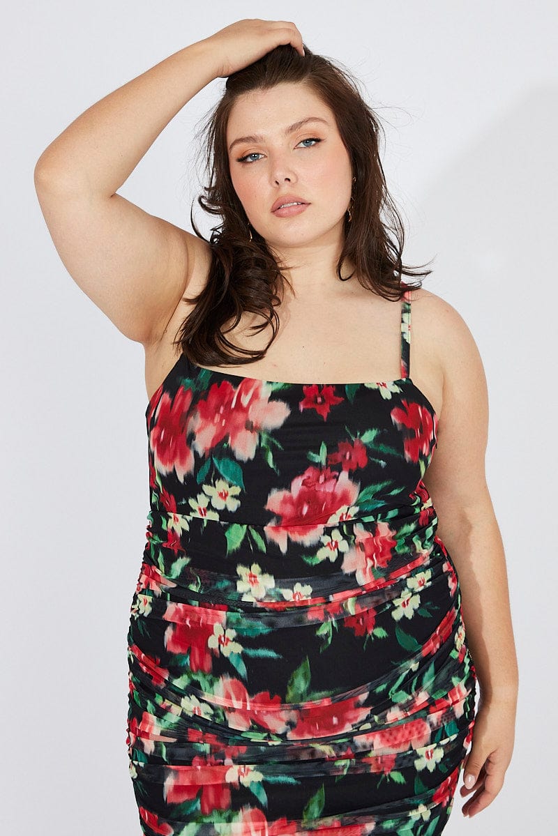Black Floral Mesh Dress Sleeveless Ruched for YouandAll Fashion