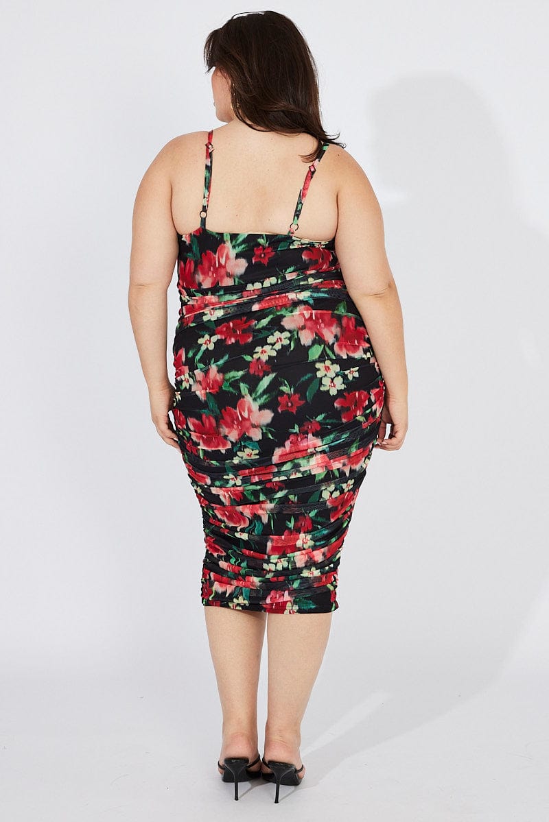 Black Floral Mesh Dress Sleeveless Ruched for YouandAll Fashion