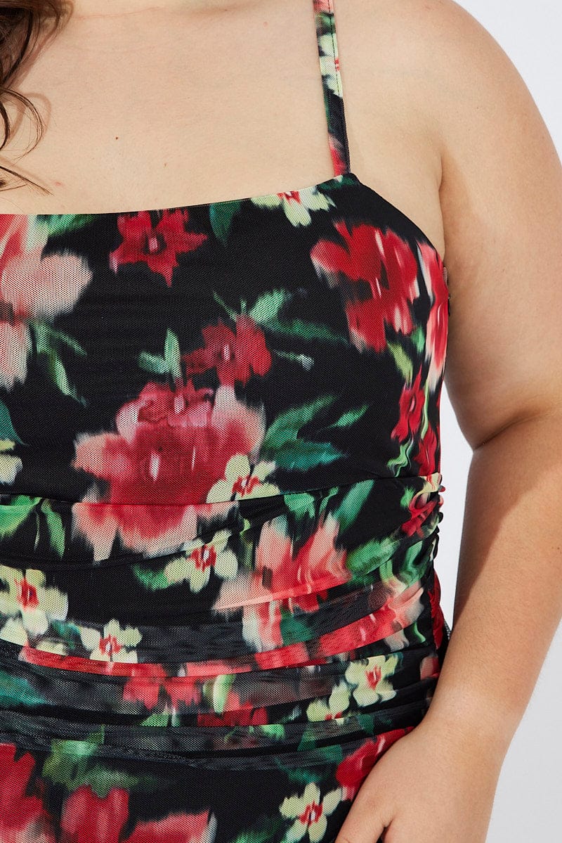 Black Floral Mesh Dress Sleeveless Ruched for YouandAll Fashion