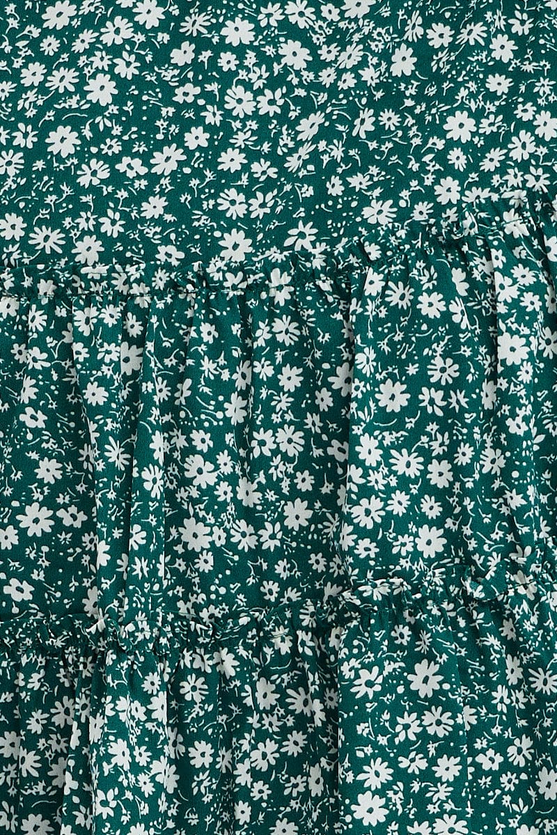 Green Ditsy Fit and Flare Dress Long Sleeve Button Front for YouandAll Fashion