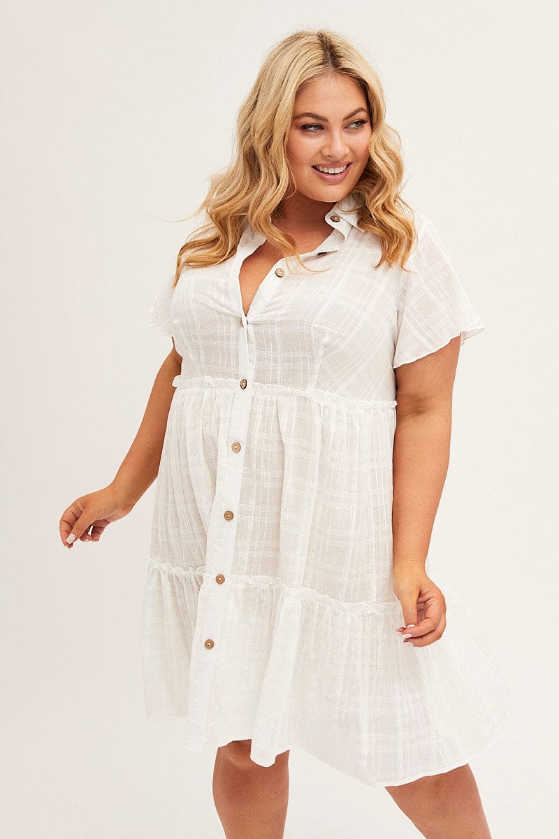 WHITE Mini Dress Short Sleeve Button Front Textured