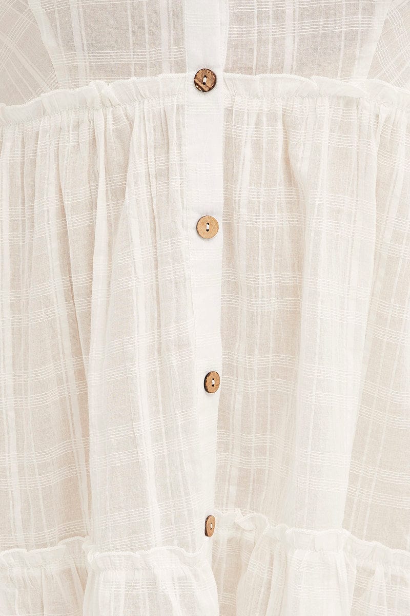WHITE Mini Dress Short Sleeve Button Front Textured