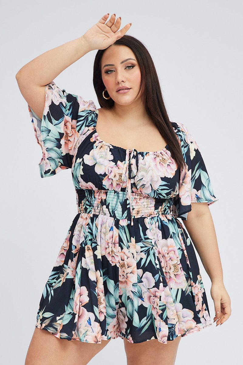 Black Floral Ruched Playsuit Short Sleeve for YouandAll Fashion