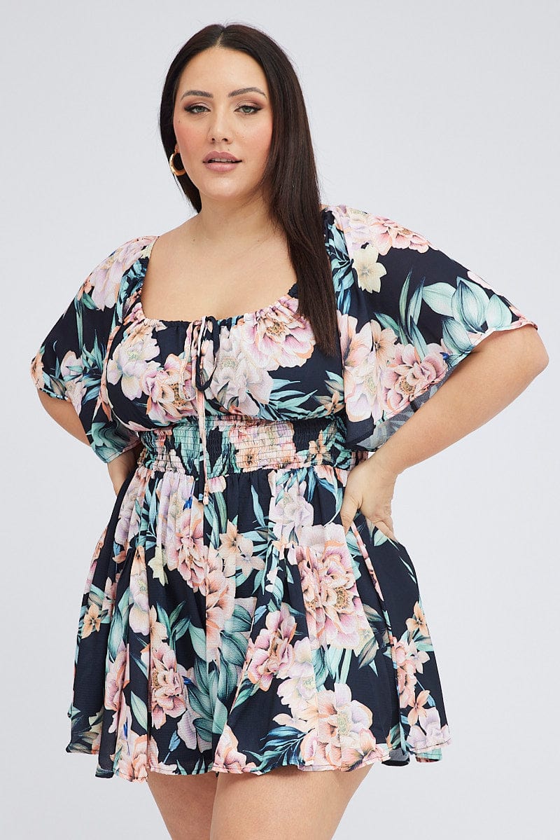Black Floral Ruched Playsuit Short Sleeve for YouandAll Fashion