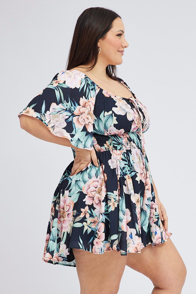 Black Floral Ruched Playsuit Short Sleeve for YouandAll Fashion