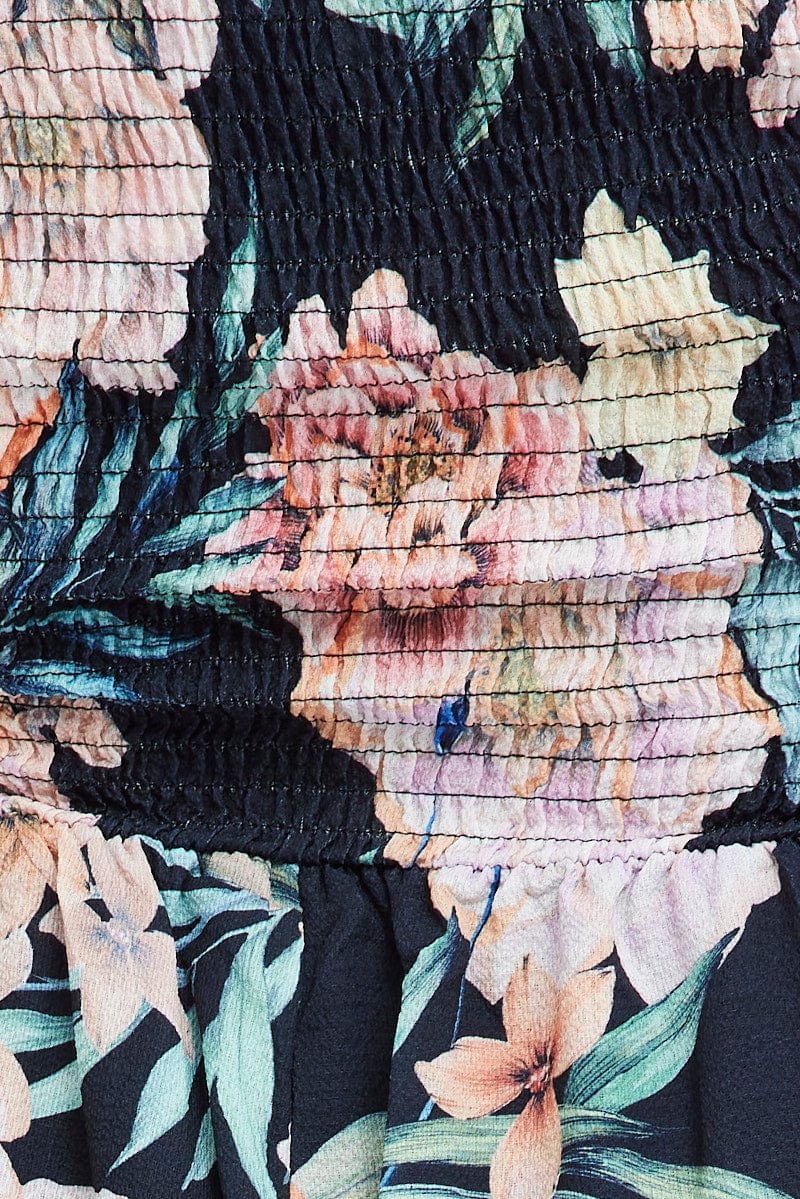 Black Floral Ruched Playsuit Short Sleeve for YouandAll Fashion