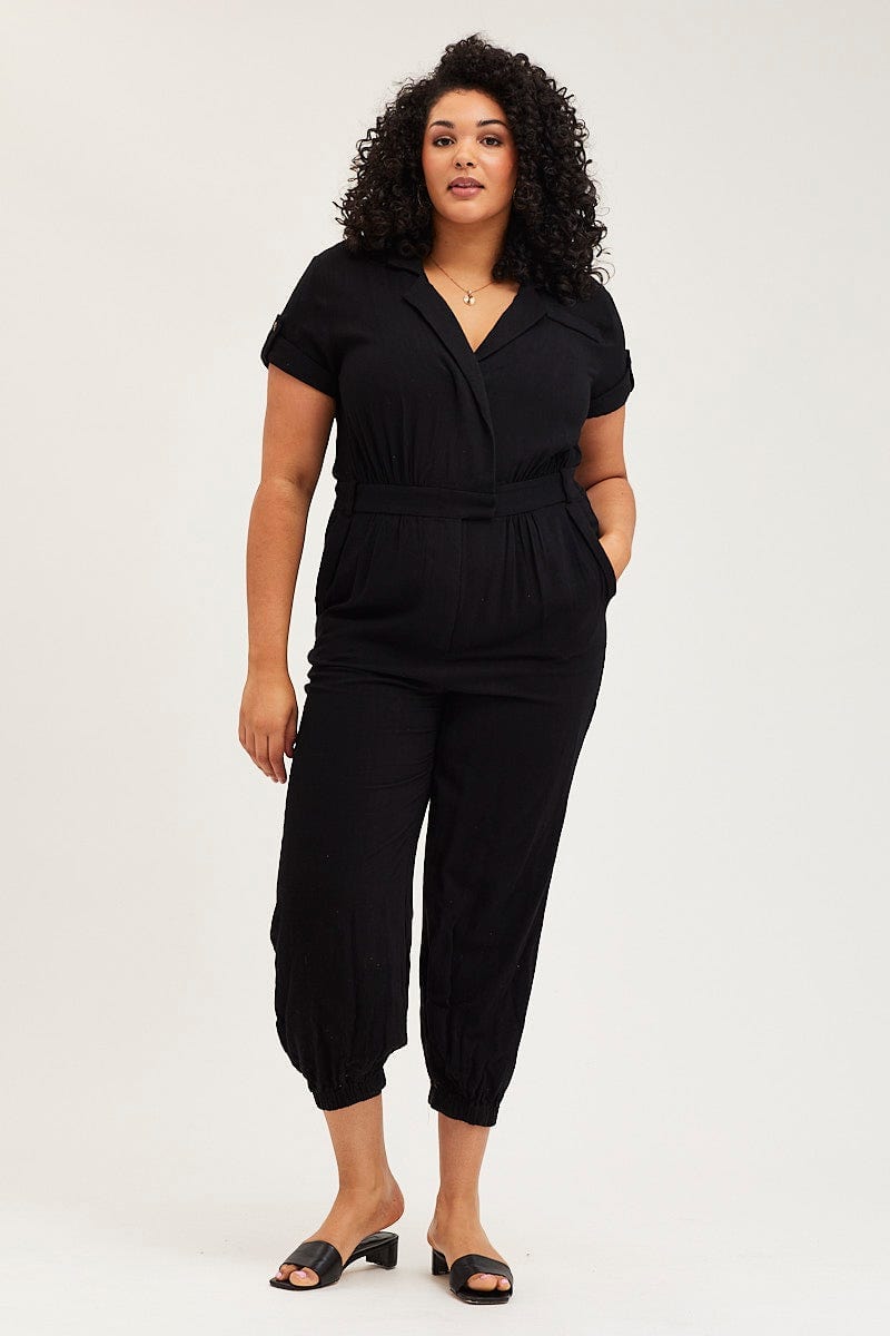 Black Jumpsuit V-Neck Short Sleeve Waist Tie For Women By You And All