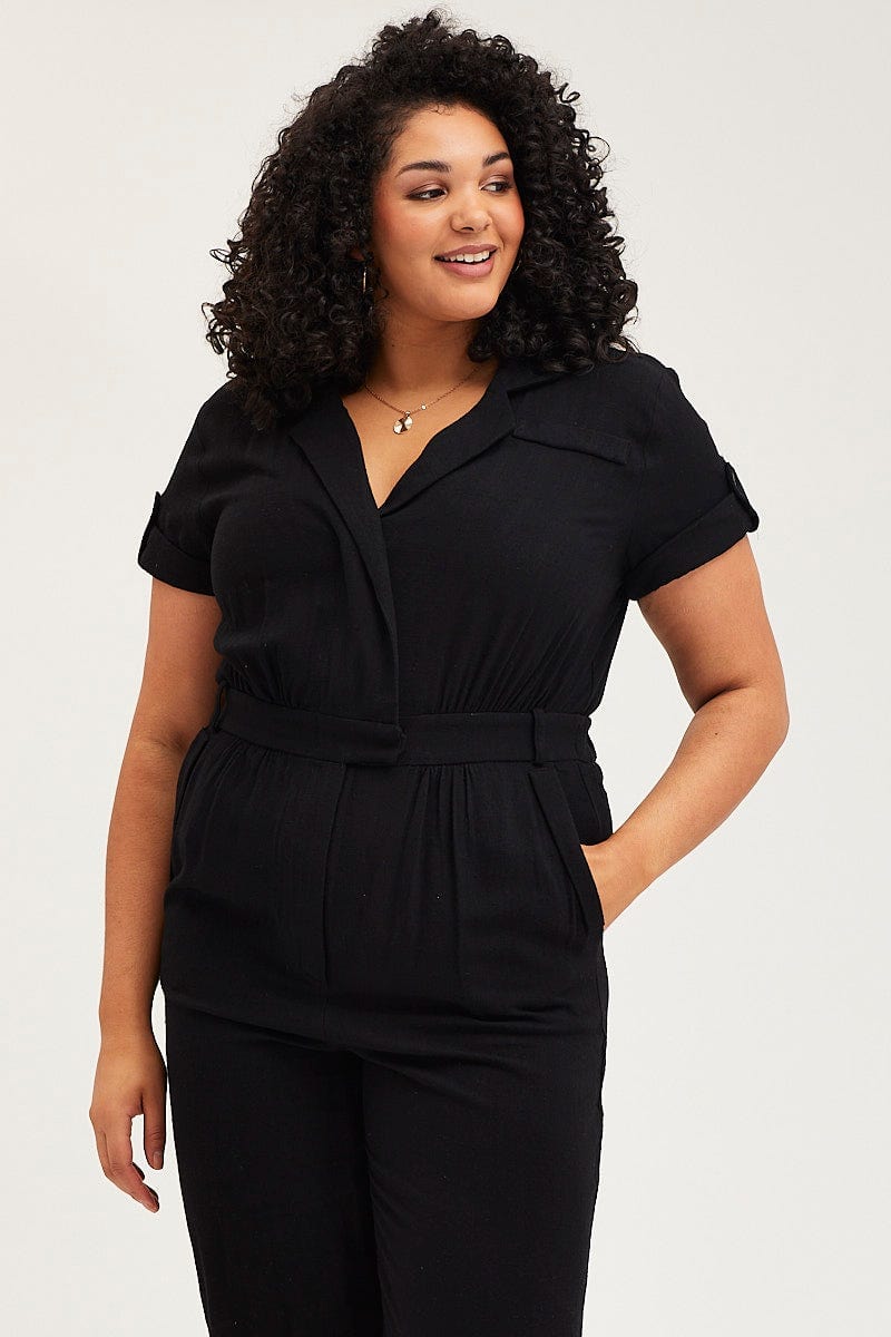 Black Jumpsuit V-Neck Short Sleeve Waist Tie For Women By You And All