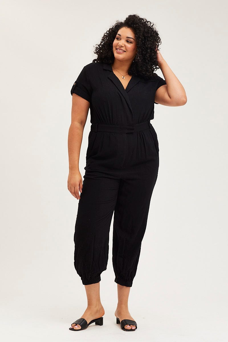 Black Jumpsuit V-Neck Short Sleeve Waist Tie For Women By You And All